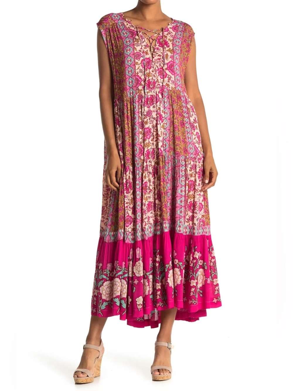Free People Fuchsia Pink Floral Midi Oversized Dress Size L - Picture 2 of 8
